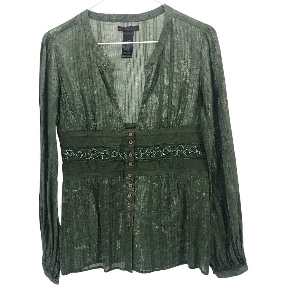Custo Barcelona Green Split Neck Long Sleeve Button Down Beaded Blouse Size 1